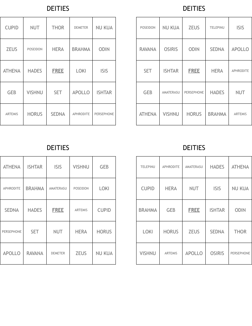 DEITIES Bingo Cards