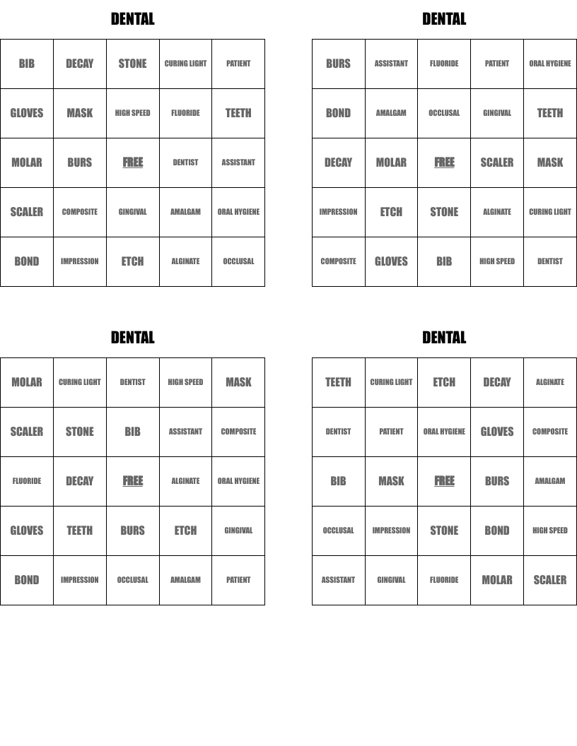 DENTAL Bingo Cards