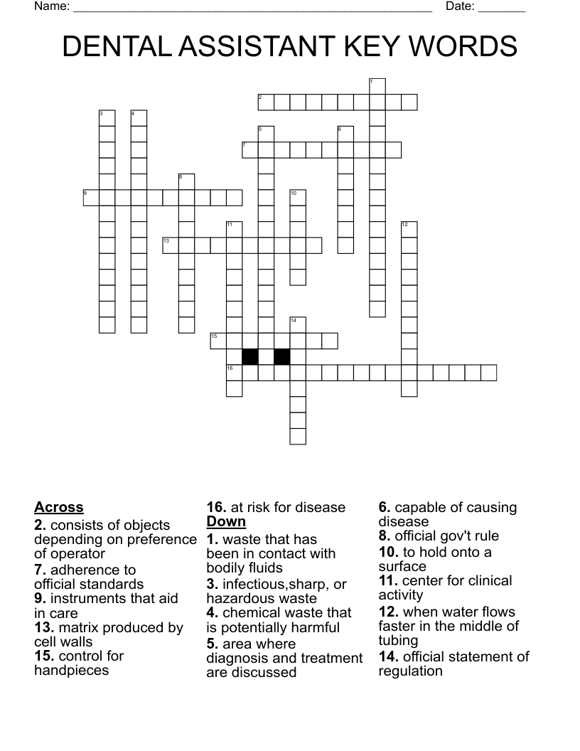 DENTAL ASSISTANT KEY WORDS Crossword