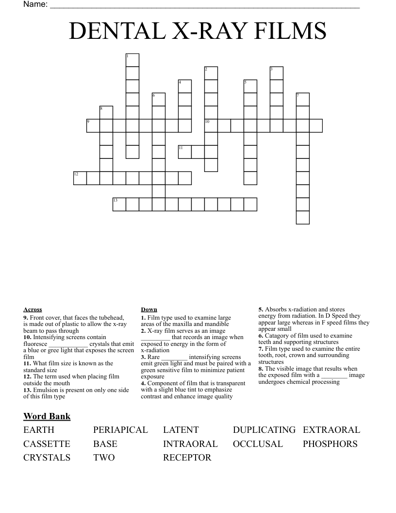 DENTAL X-RAY FILMS Crossword