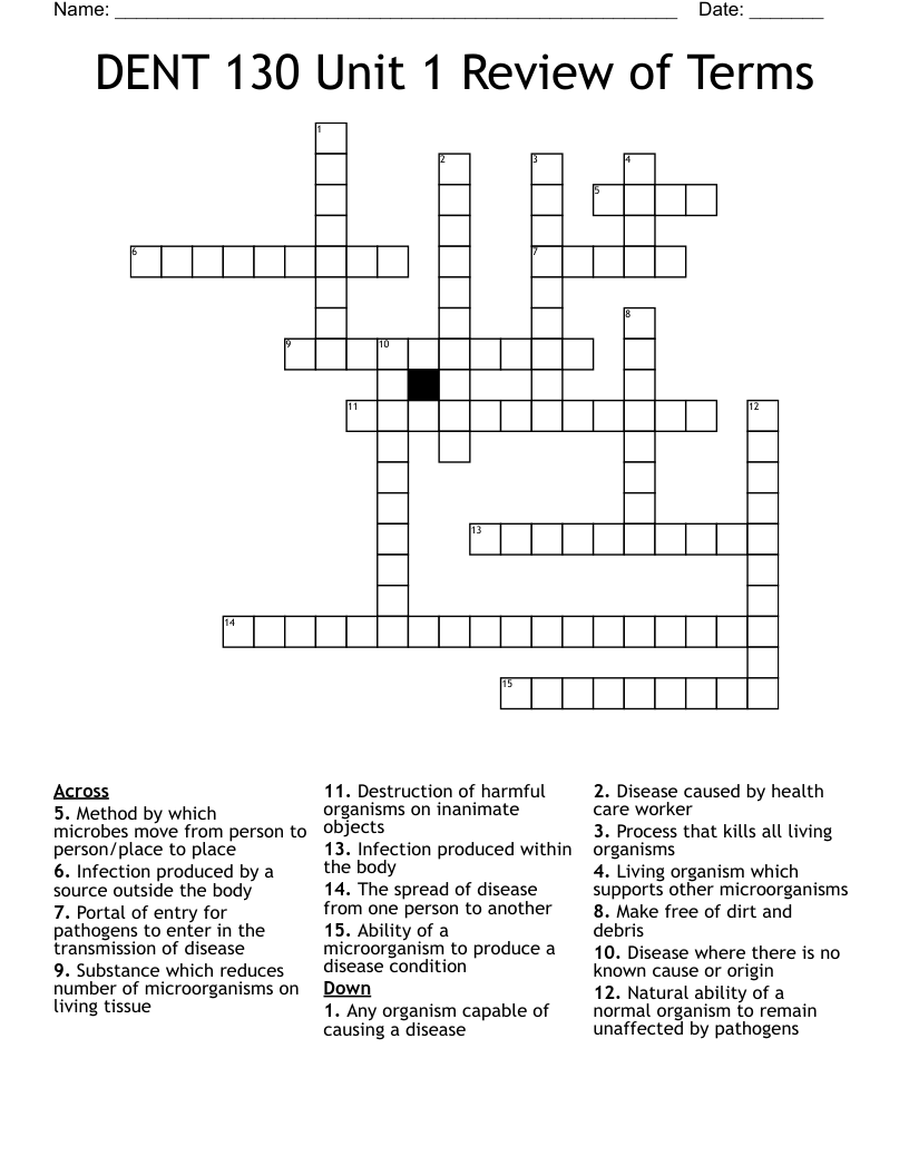 DENT 130 Unit 1 Review of Terms Crossword