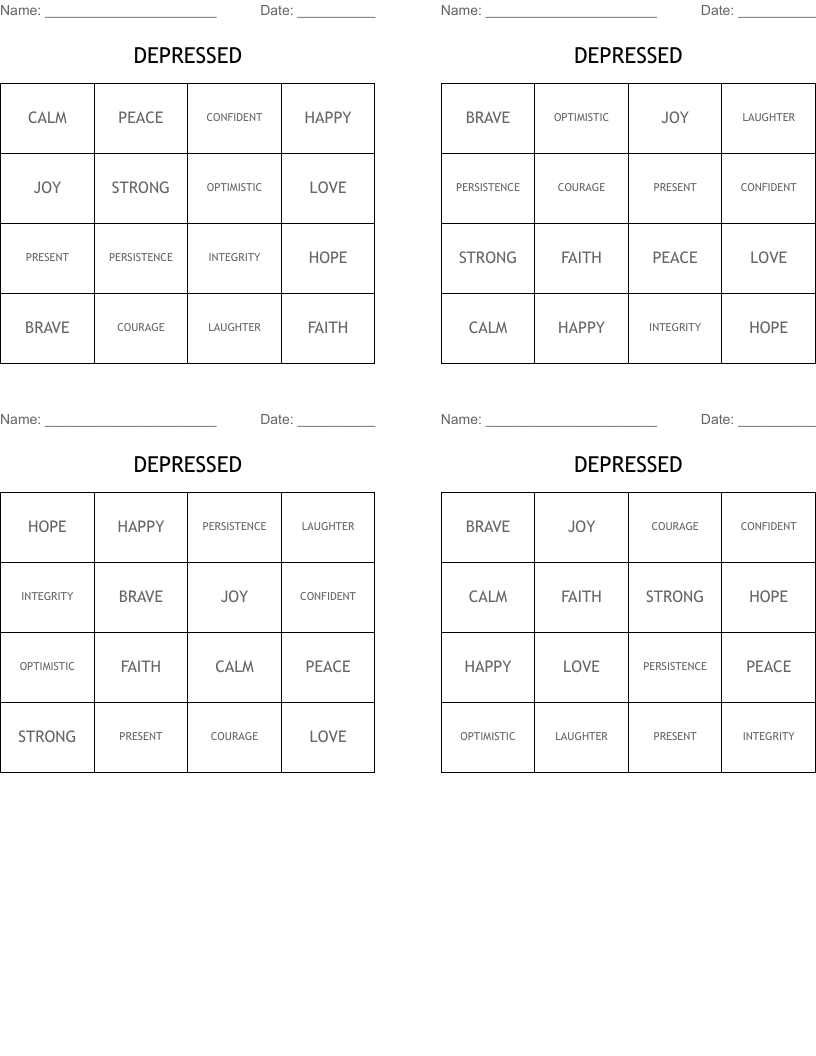 DEPRESSED Bingo Cards