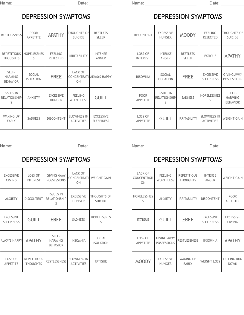 DEPRESSION SYMPTOMS Bingo Cards
