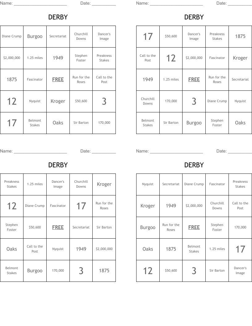 DERBY Bingo Cards