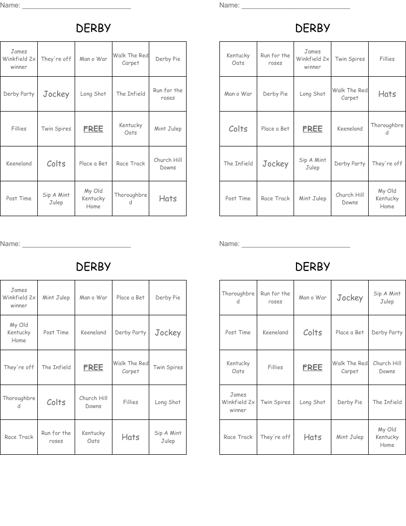 DERBY Bingo Cards