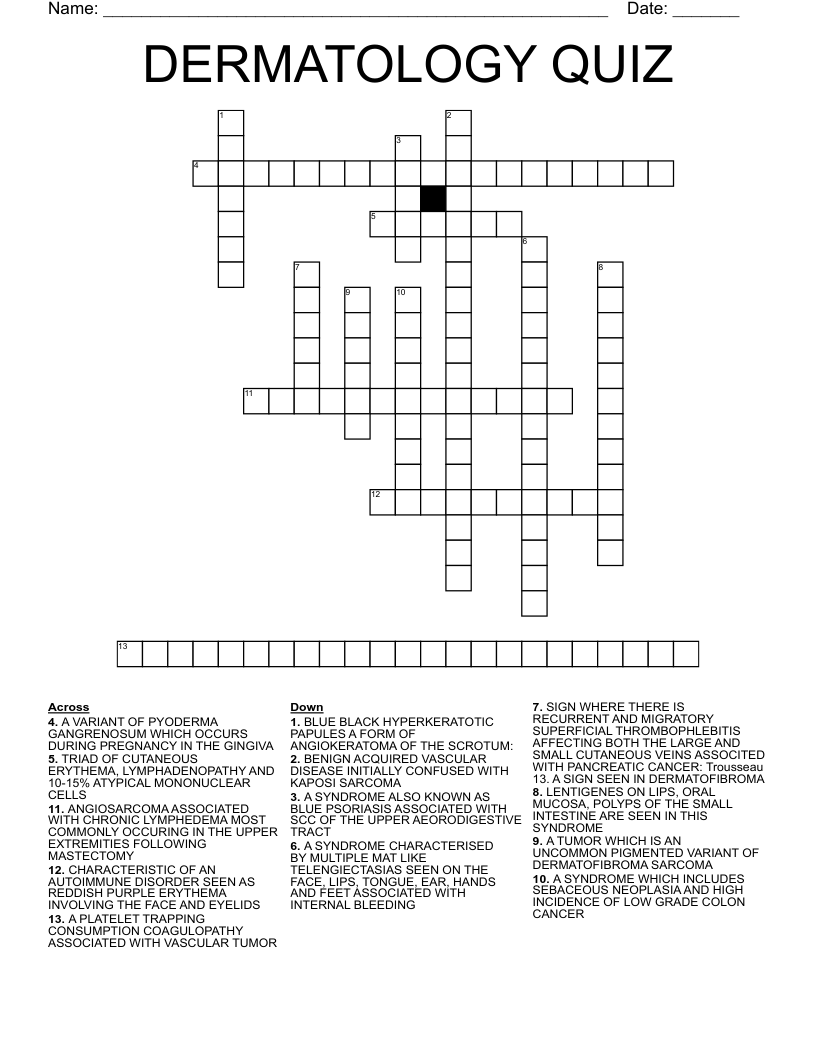DERMATOLOGY QUIZ Crossword