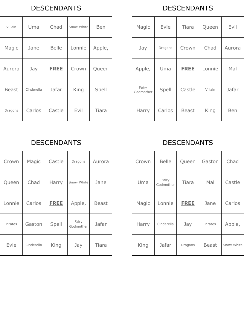 DESCENDANTS Bingo Cards