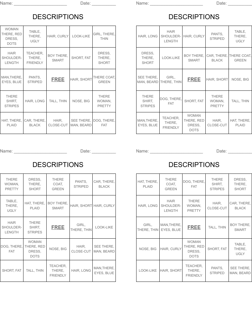DESCRIPTIONS Bingo Cards