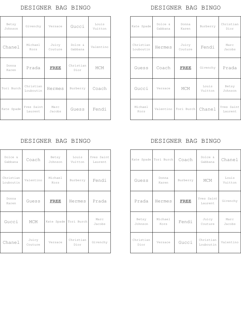 DESIGNER BAG BINGO
