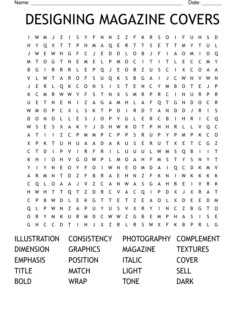 DESIGNING MAGAZINE COVERS Word Search