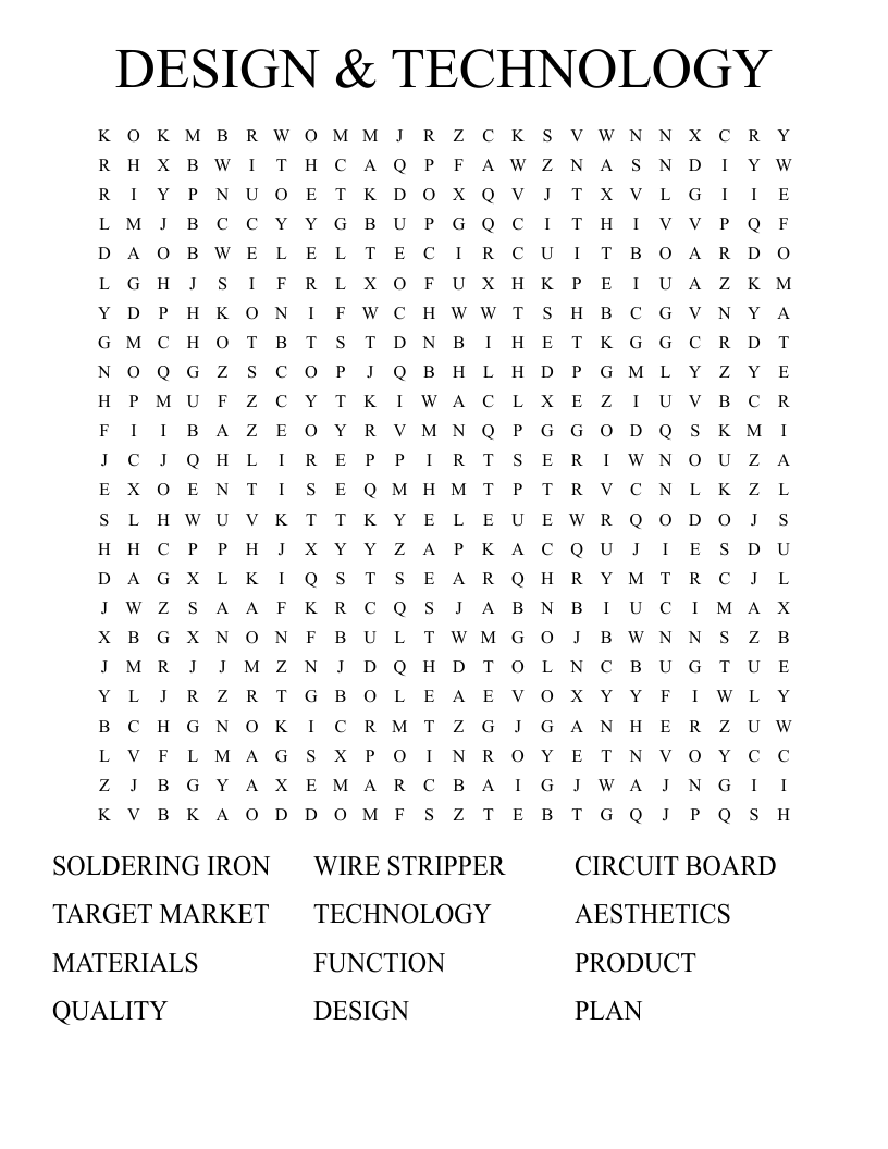 DESIGN & TECHNOLOGY Word Search