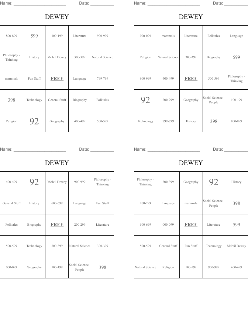 DEWEY Bingo Cards