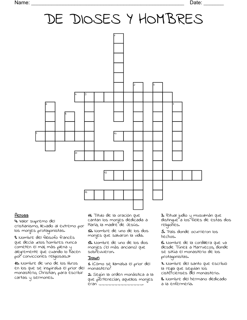 DE DIOSES Y HOMBRES Crossword