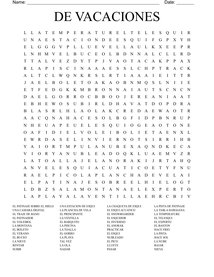 DE VACACIONES Word Search