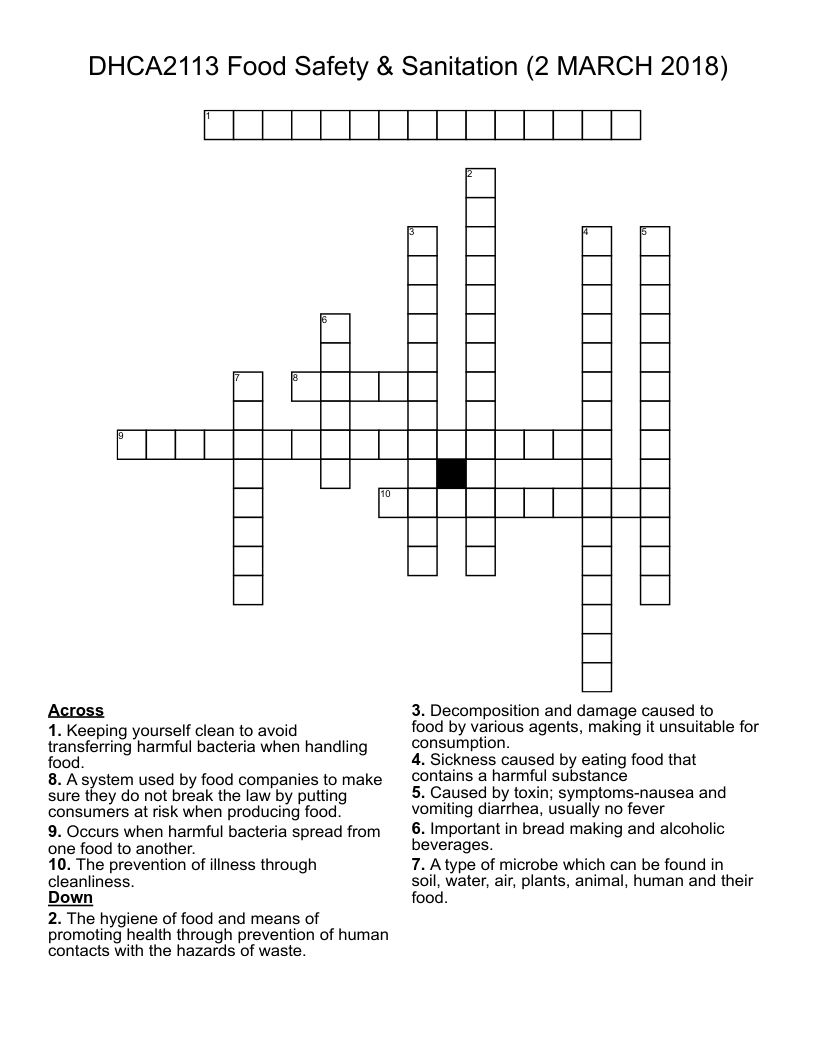 DHCA2113 Food Safety & Sanitation (2 MARCH 2018)  Crossword