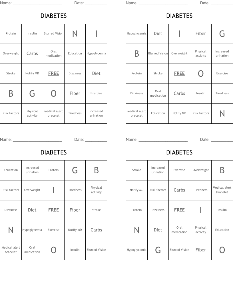DIABETES  Bingo Cards