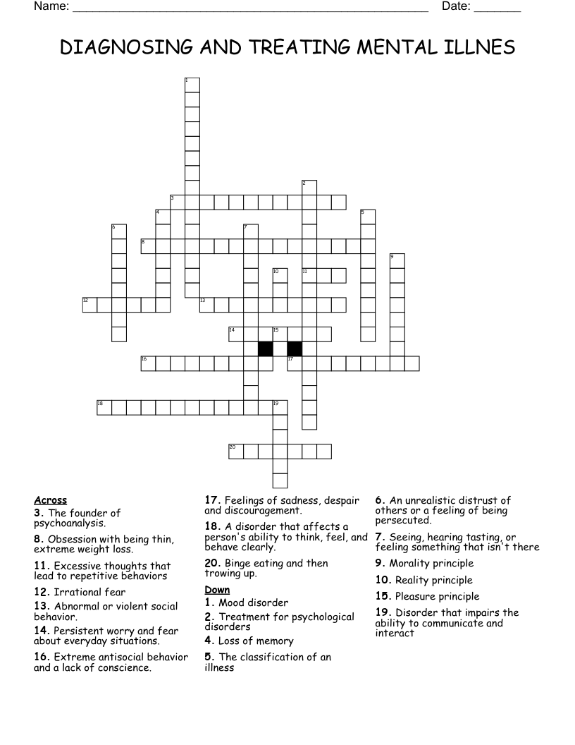 DIAGNOSING AND TREATING MENTAL ILLNES Crossword
