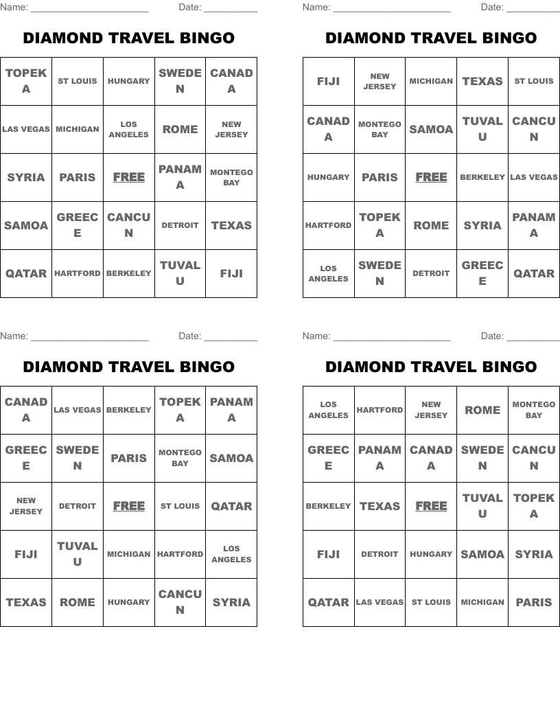DIAMOND TRAVEL BINGO