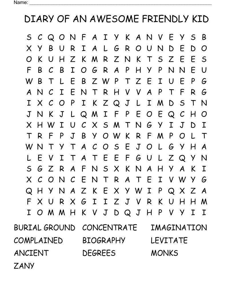 DIARY OF AN AWESOME FRIENDLY KID Word Search