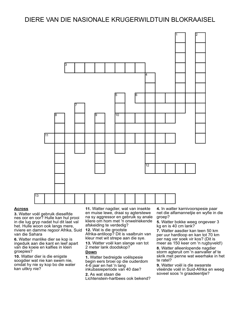 DIERE VAN DIE NASIONALE KRUGERWILDTUIN BLOKRAAISEL Crossword