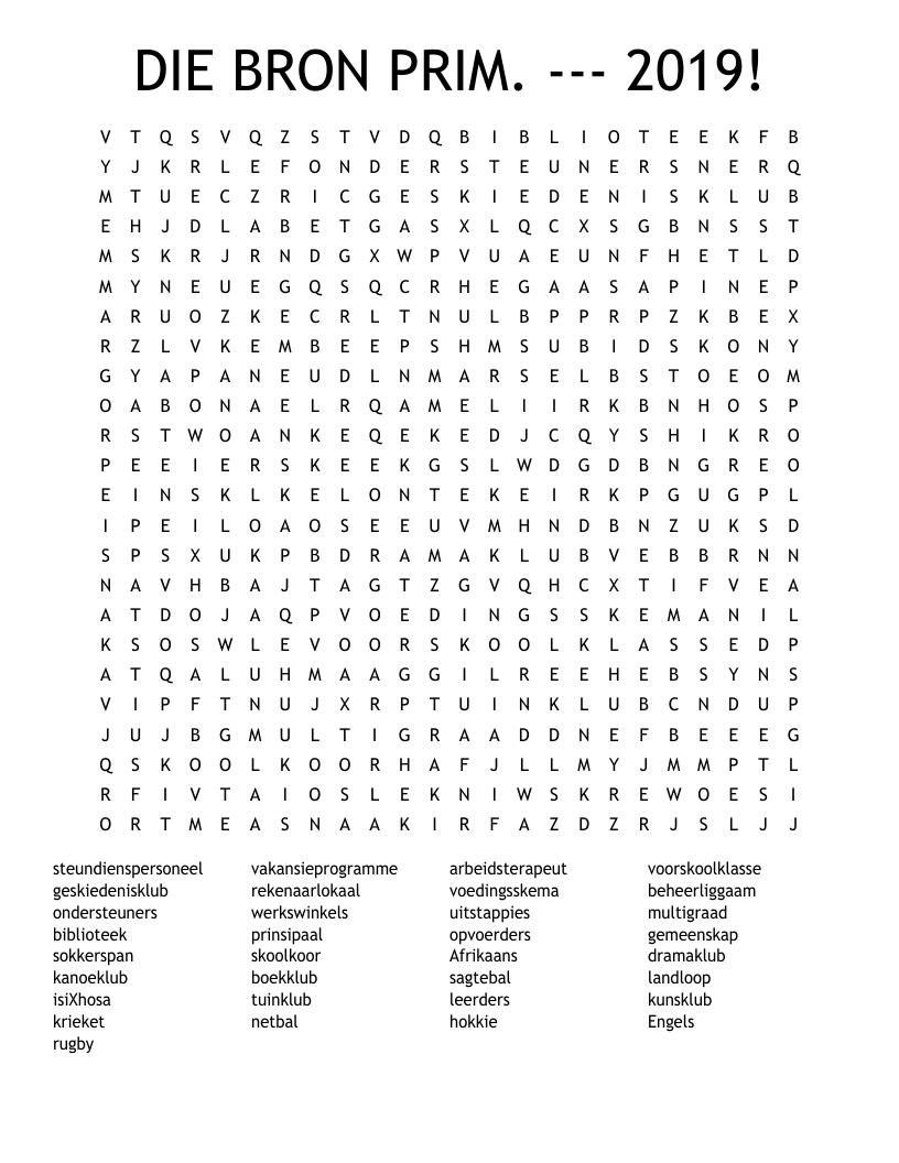 DIE BRON PRIM. --- 2019! Word Search