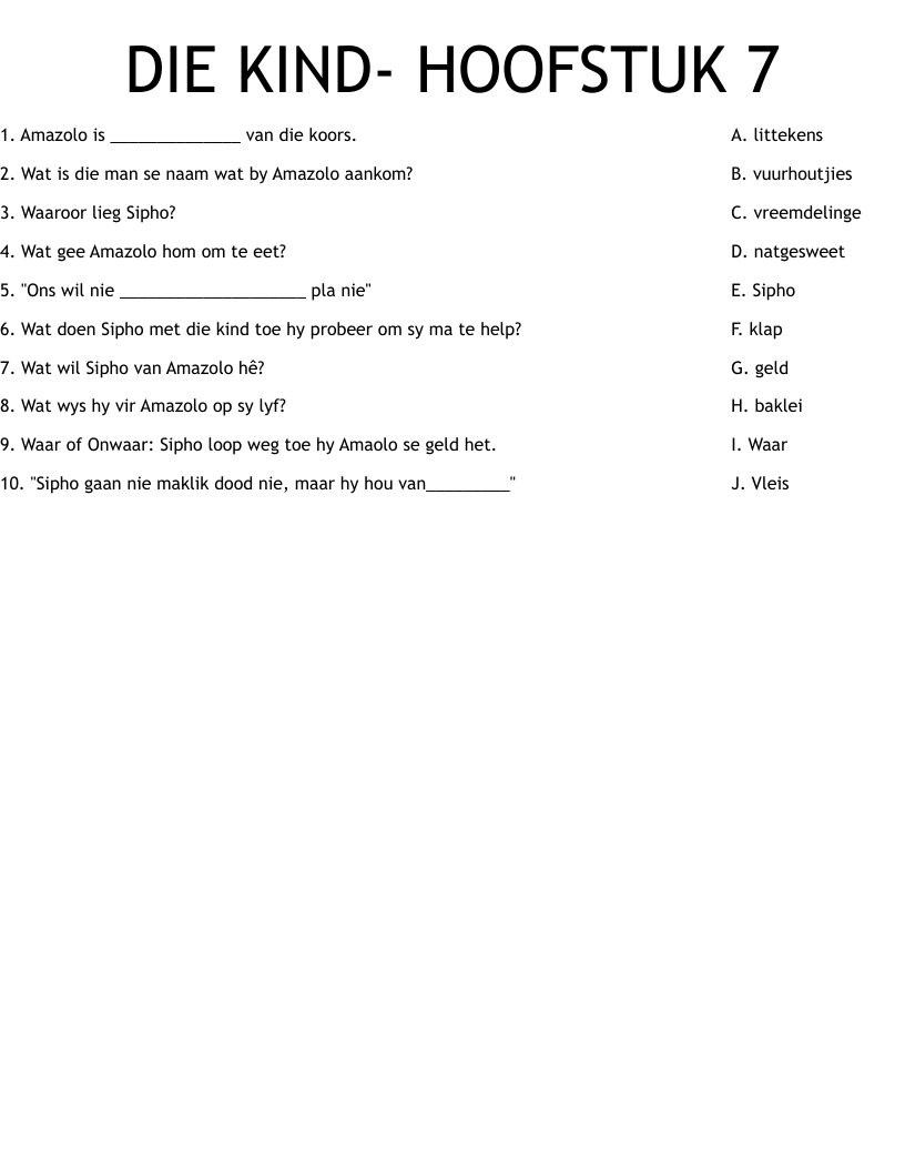 DIE KIND- HOOFSTUK 7 Worksheet