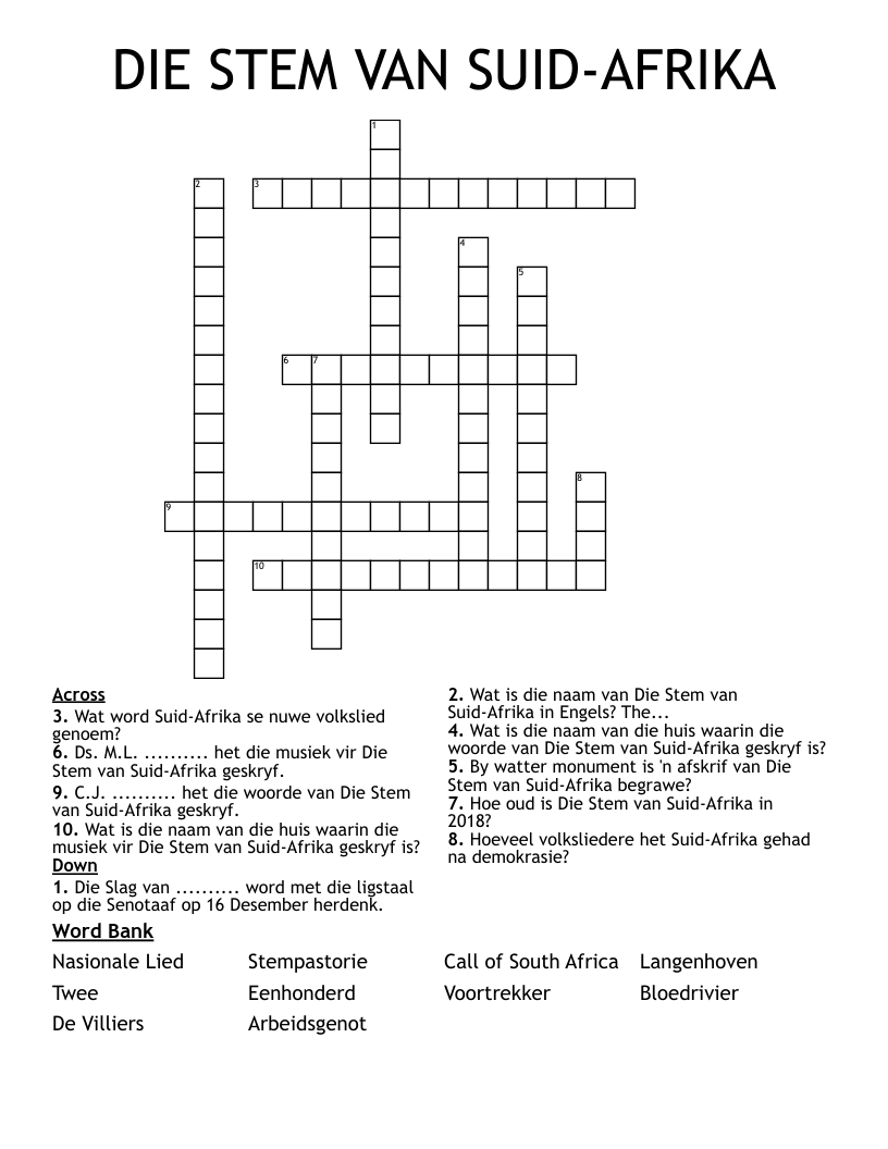 DIE STEM VAN SUID-AFRIKA Crossword