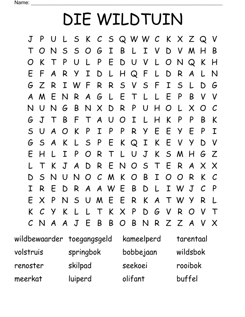 DIE WILDTUIN Word Search