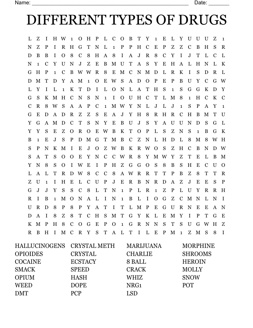 DIFFERENT TYPES OF DRUGS Word Search
