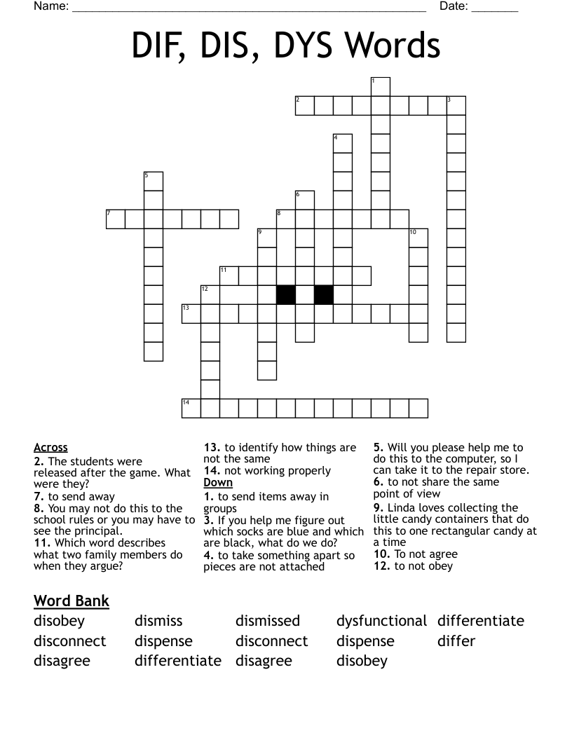 DIF, DIS, DYS Words Crossword