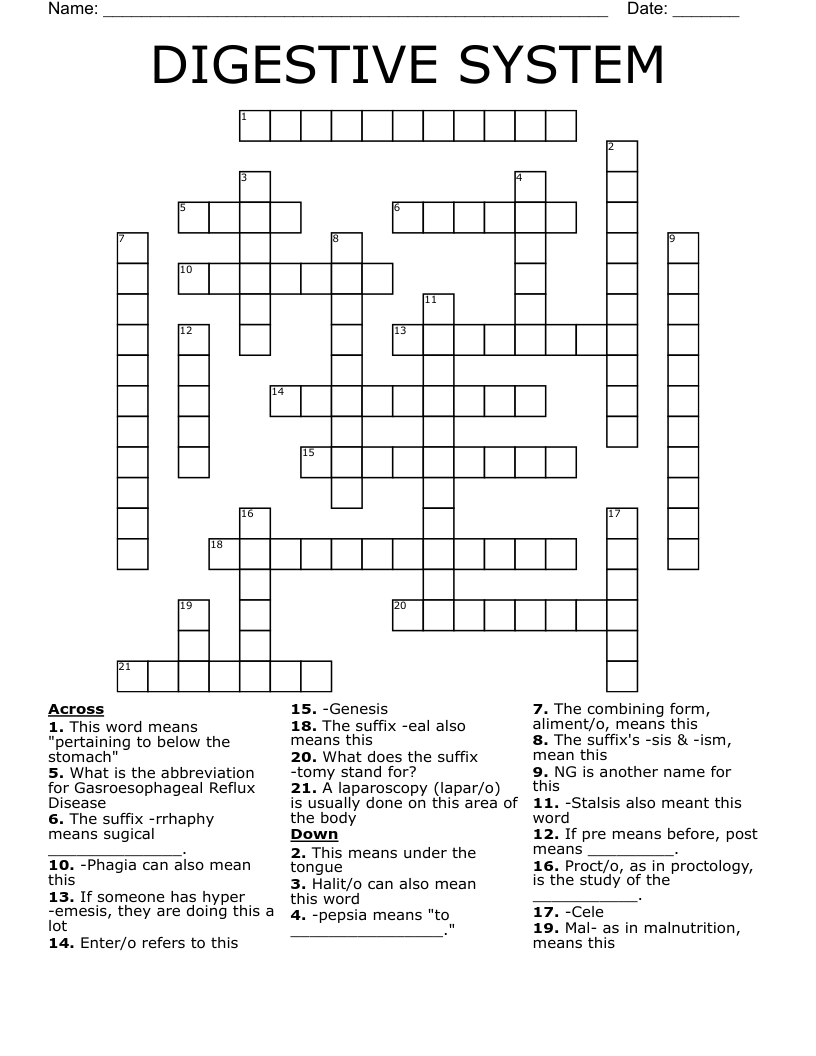DIGESTIVE SYSTEM Crossword