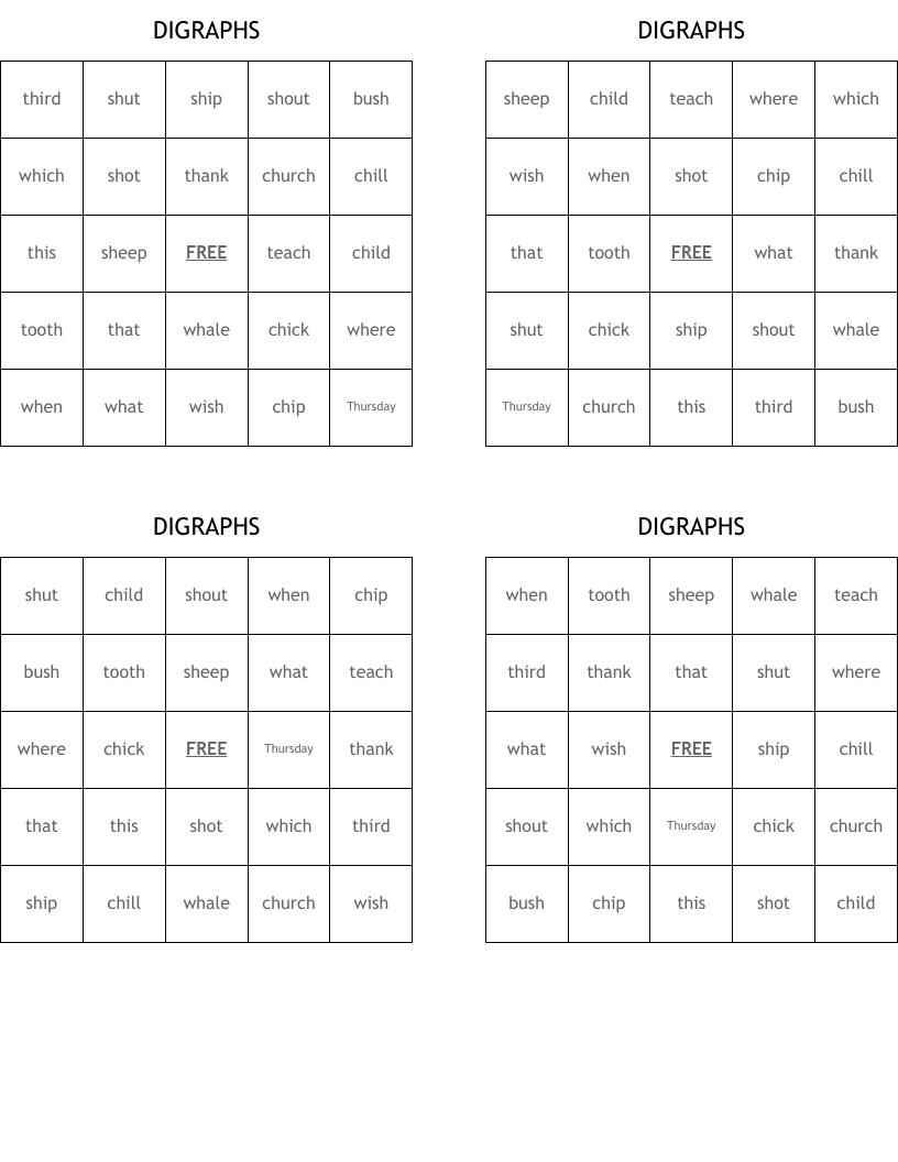 DIGRAPHS Bingo Cards