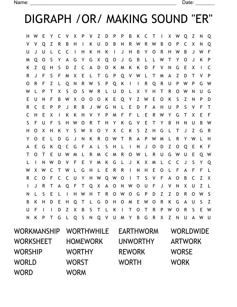 DIGRAPH /OR/ MAKING SOUND "ER" Word Search