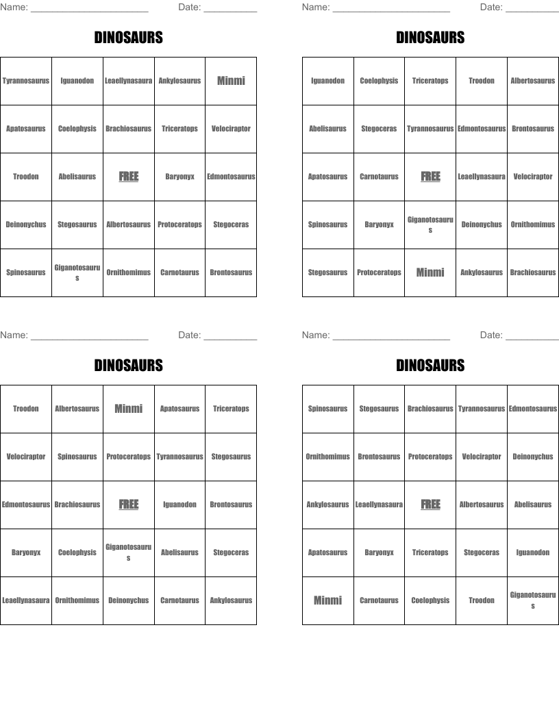 DINOSAURS Bingo Cards