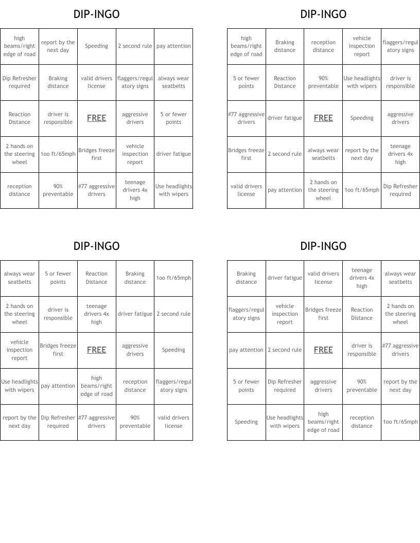 DIP-INGO Bingo Cards
