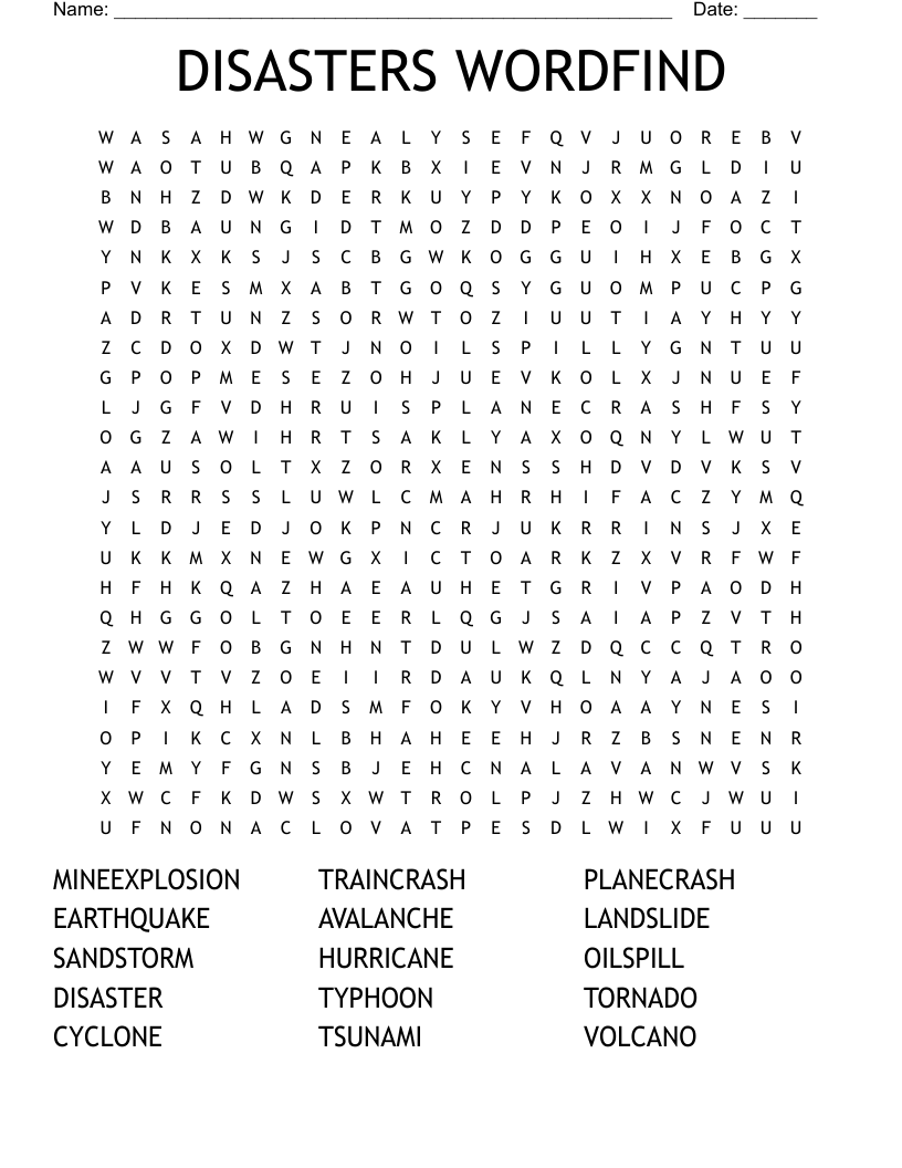 DISASTERS WORDFIND Word Search