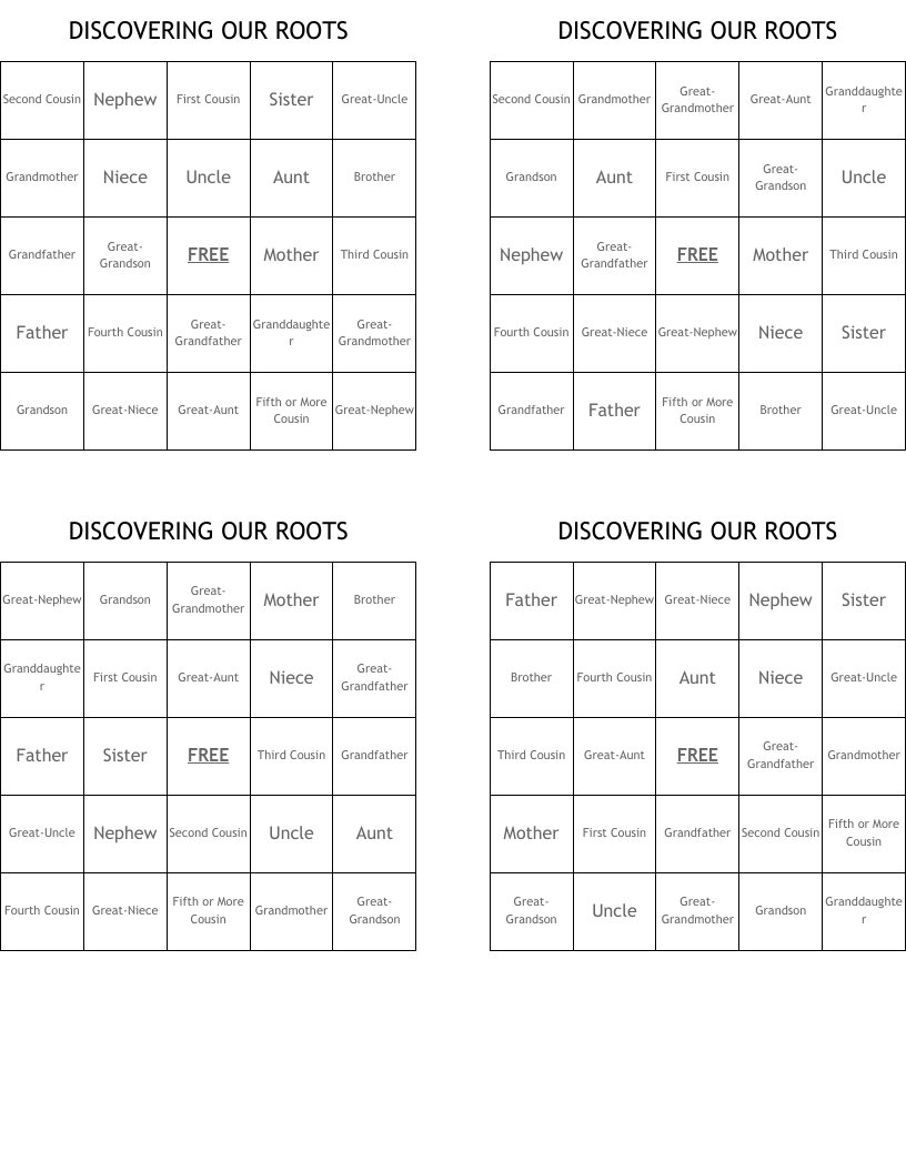 DISCOVERING OUR ROOTS Bingo Cards