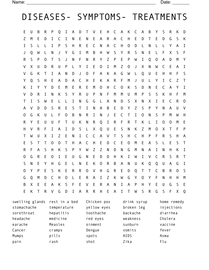 DISEASES- SYMPTOMS- TREATMENTS Word Search