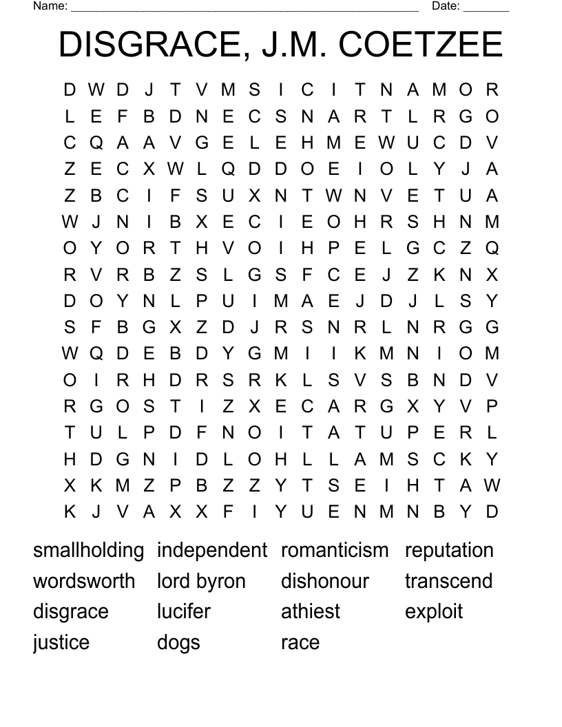 DISGRACE, J.M. COETZEE Word Search
