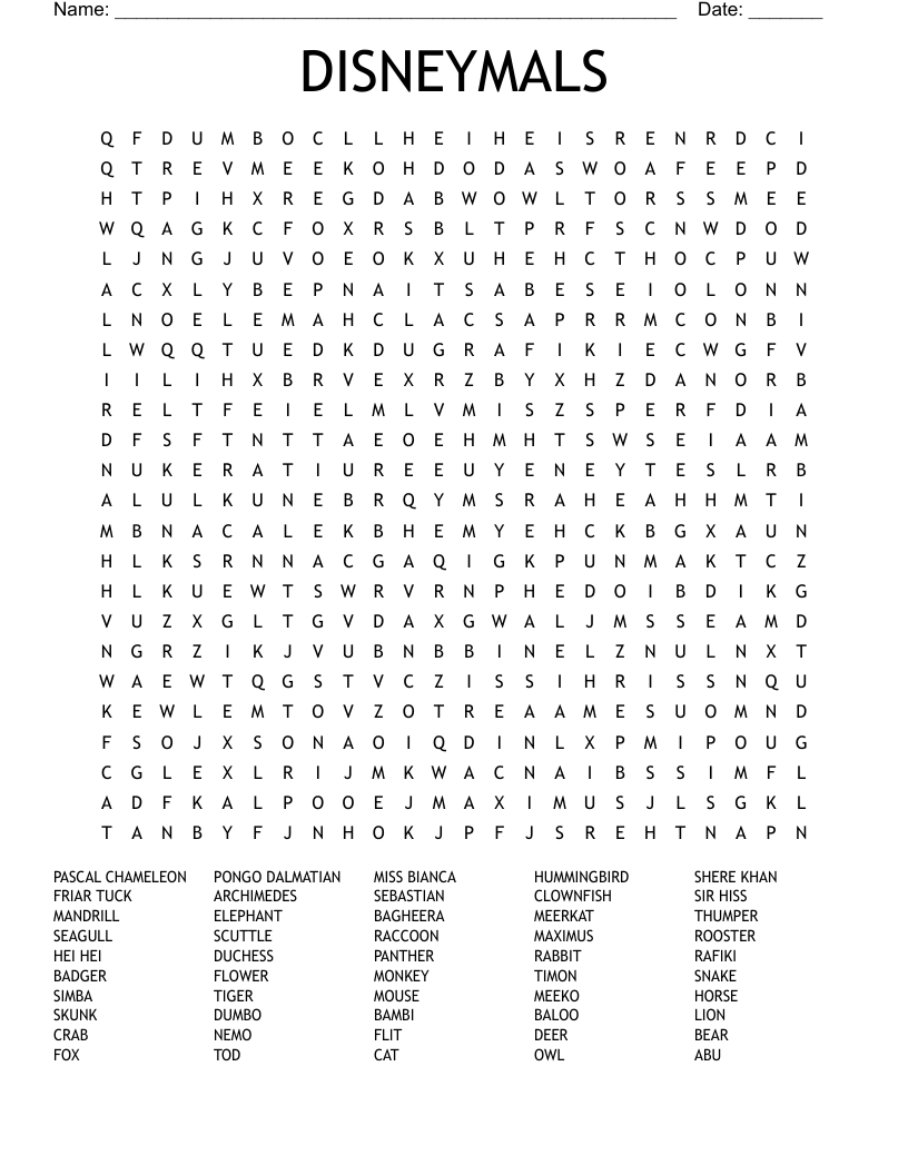 DISNEYMALS Word Search