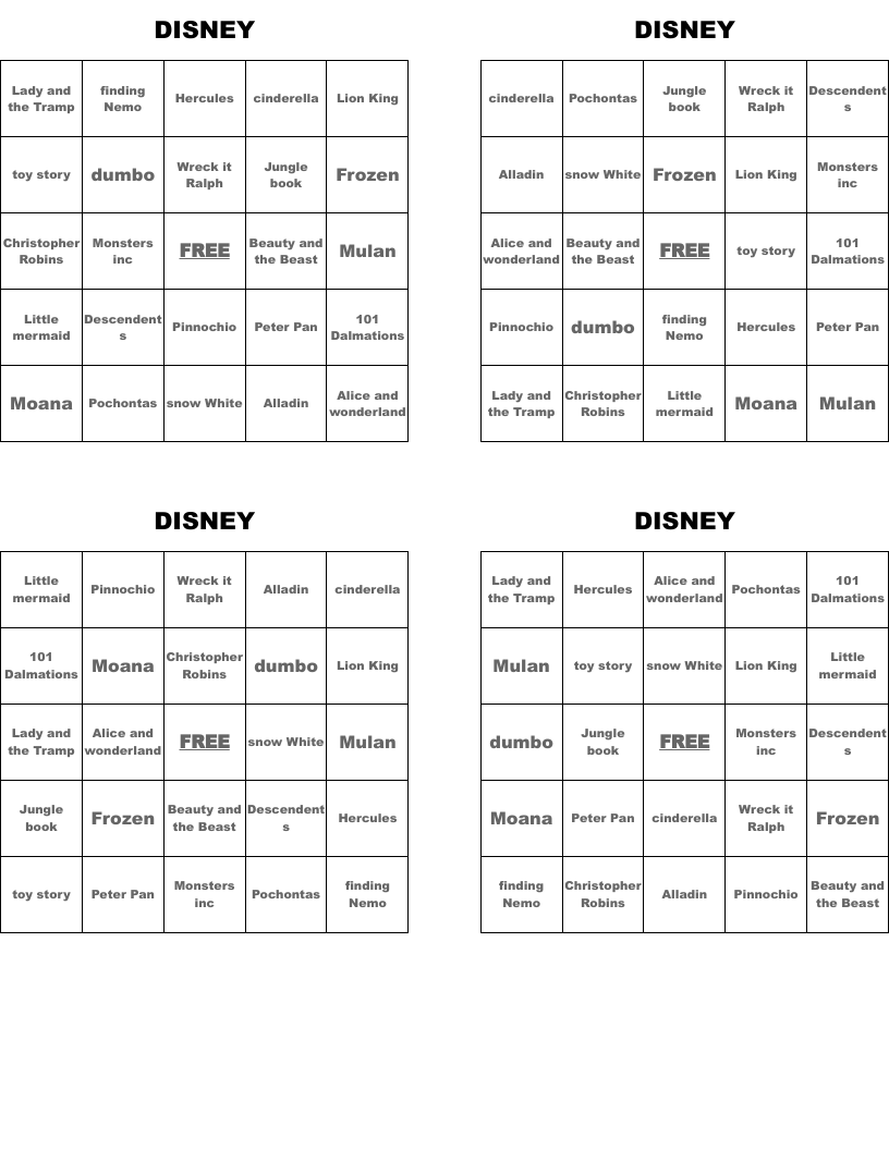 DISNEY Bingo Cards