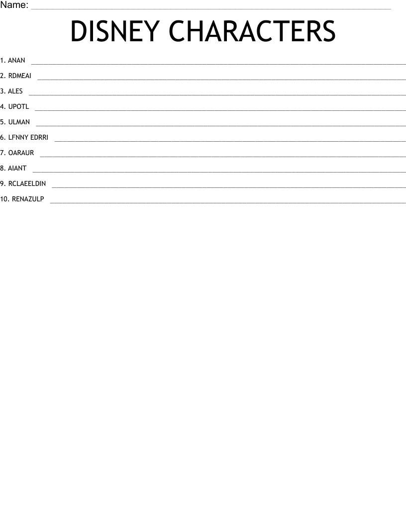 DISNEY CHARACTERS Word Scramble