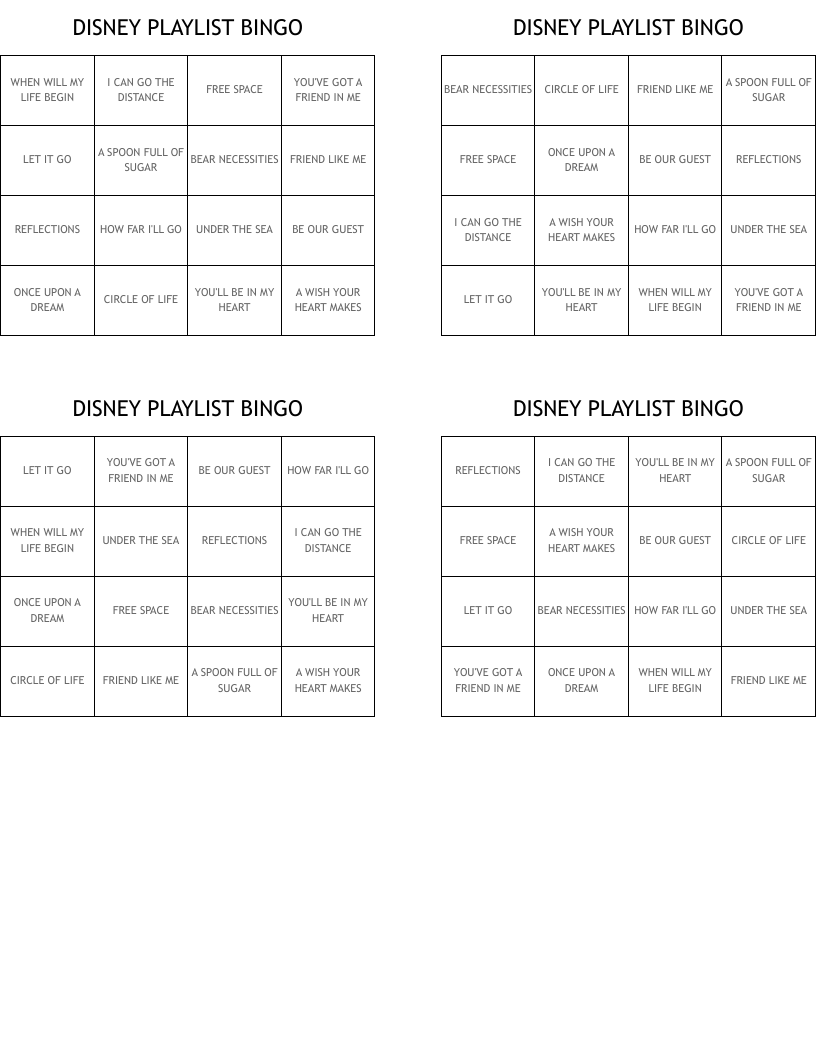 DISNEY PLAYLIST BINGO