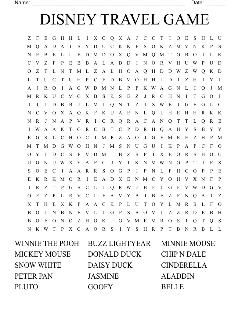 DISNEY TRAVEL GAME Word Search