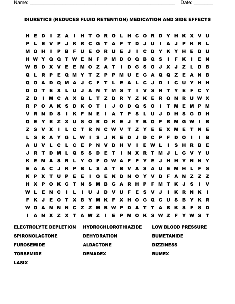 DIURETICS (REDUCES FLUID RETENTION) MEDICATION AND SIDE EFFECTS Word Search