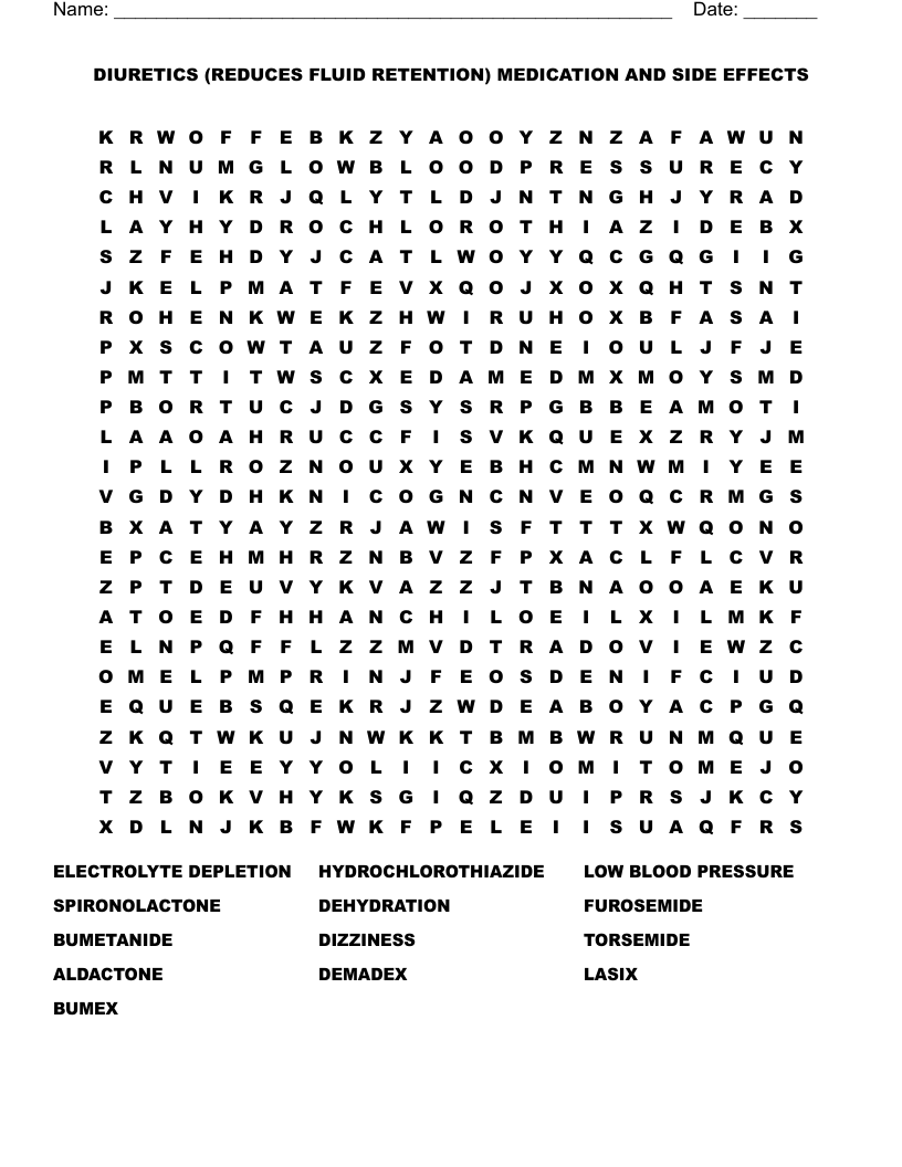 DIURETICS (REDUCES FLUID RETENTION) MEDICATION AND SIDE EFFECTS Word Search