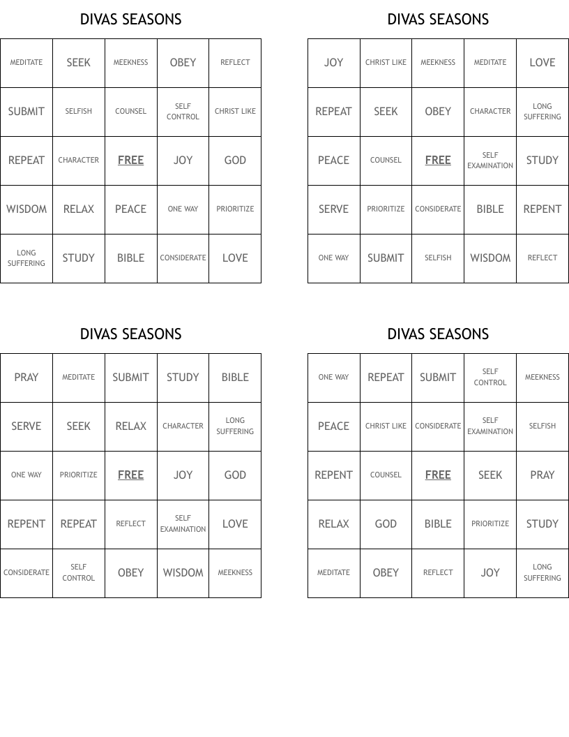 DIVAS SEASONS Bingo Cards