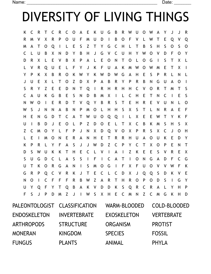 DIVERSITY OF LIVING THINGS Word Search