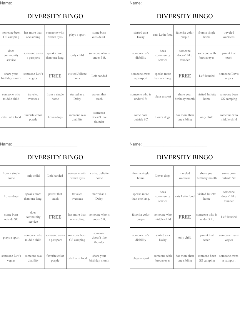 DIVERSITY  BINGO