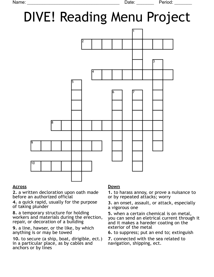 DIVE! Reading Menu Project Crossword